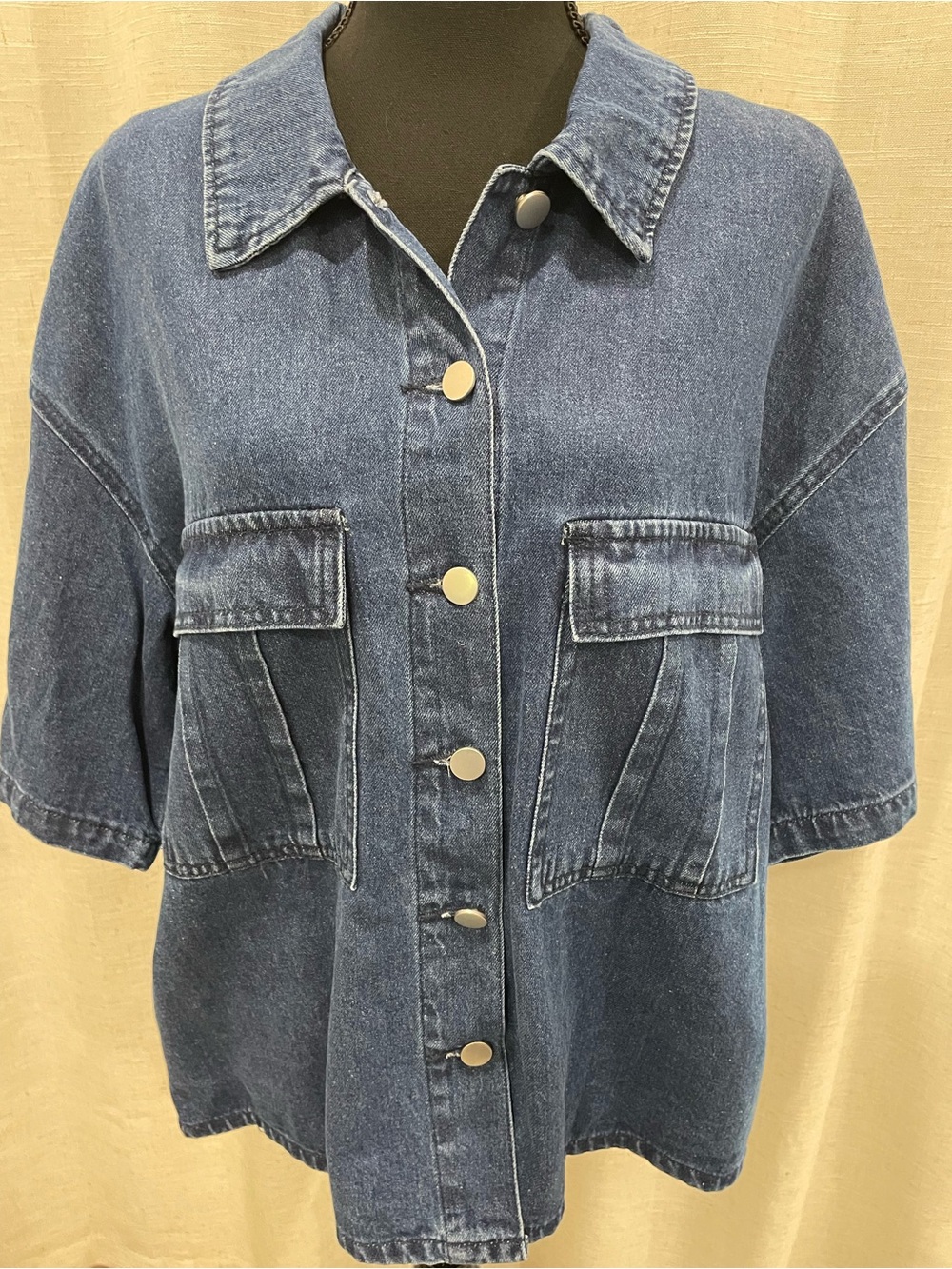 Boxy Short-Sleeve Denim Jacket - Shirt, Dark Blue